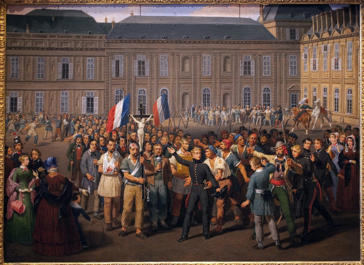 Politechnicy niosący krucyfiks uratowany z kaplicy w Tuileries podczas wiecu 24 lutego autorstwa Hippolyte Lecomte
