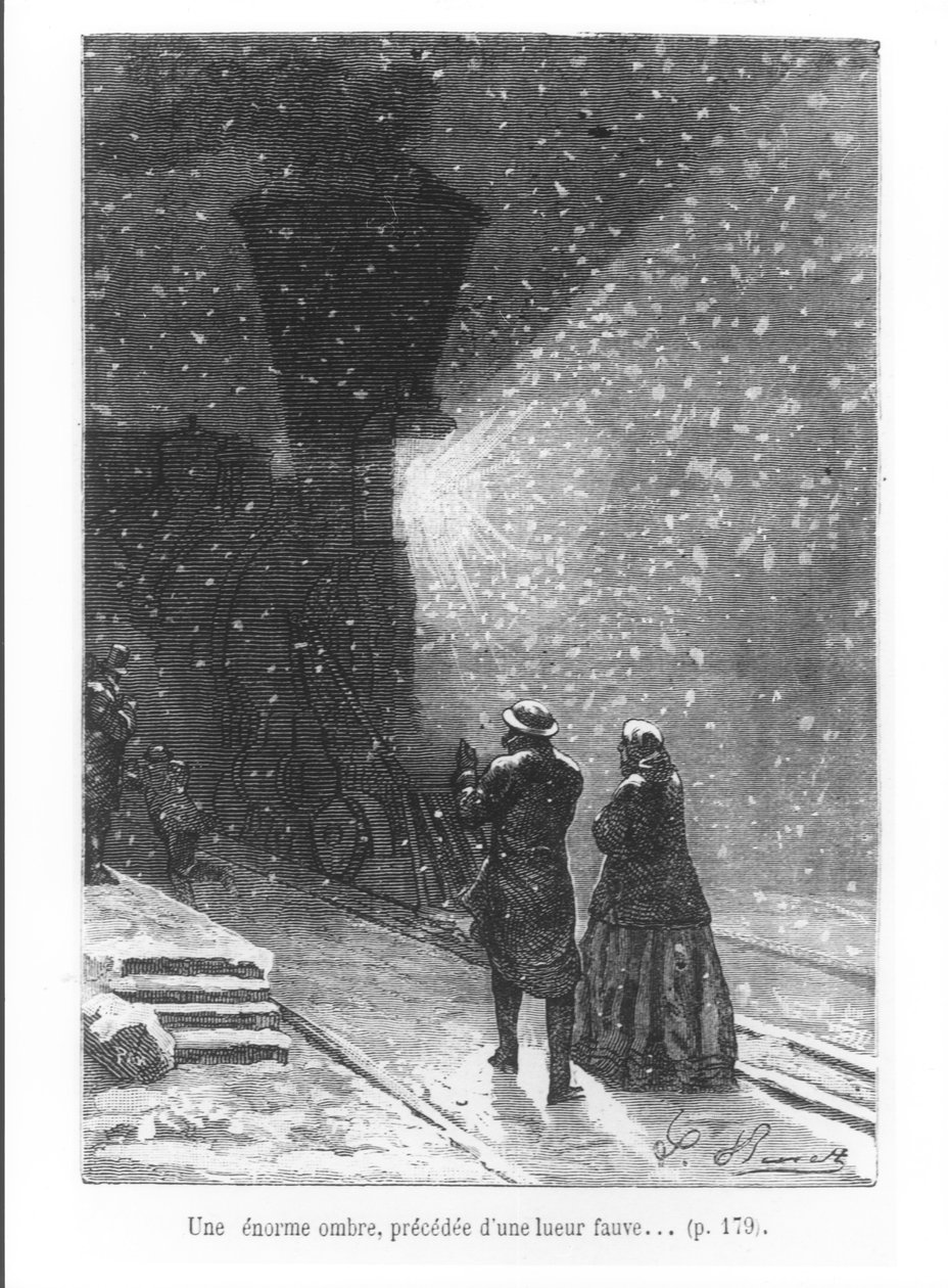 Ogromny cień, poprzedzony jasnym światłem, ilustracja z „W osiemdziesiąt dni dookoła świata” autorstwa Julesa Verne