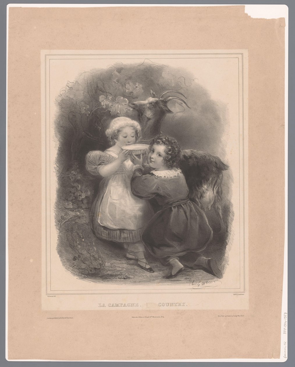 Dwoje dzieci z kozim piciem koziego mleka La Campagne / Kraj (tytuł na obiekcie) autorstwa Hippolyte Louis Garnier