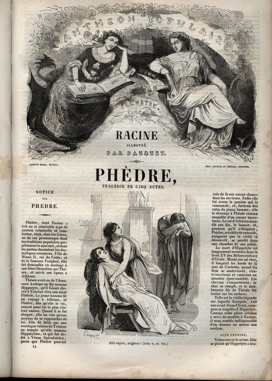 Fedra, Jean Racine (1639-1699 - grawerowanie w ""Dziełach Jeana Racine""" zilustrowane przez Pauqueta i uwaga Emile de La Bedolliere - 1851 autorstwa Hippolyte Louis Pauquet