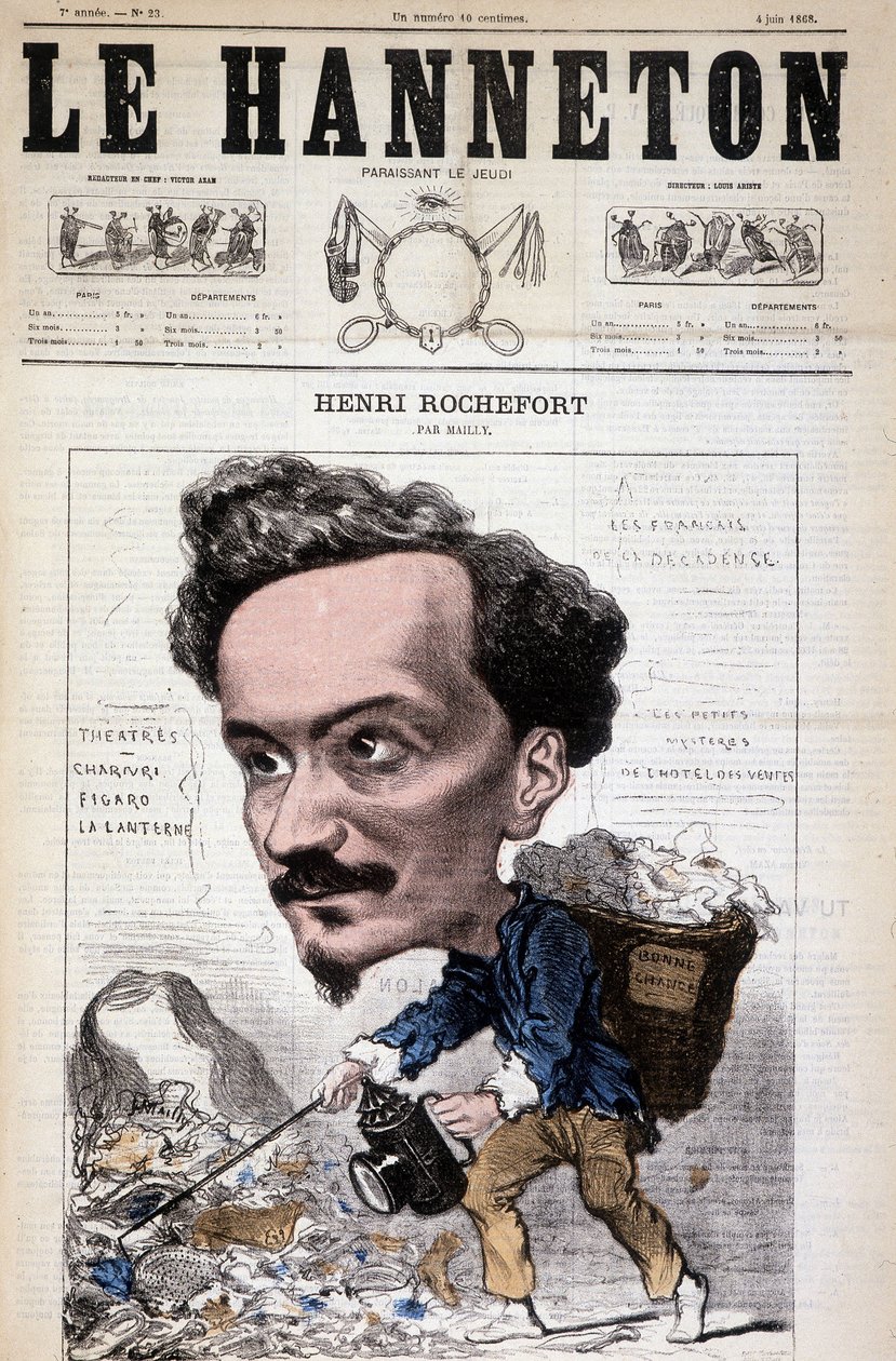 Karykatura Henri Rocheforta (1831-1913), francuskiego dziennikarza, pisarza i polityka. W Le Hanneton, 4 czerwca autorstwa Hippolyte Mailly