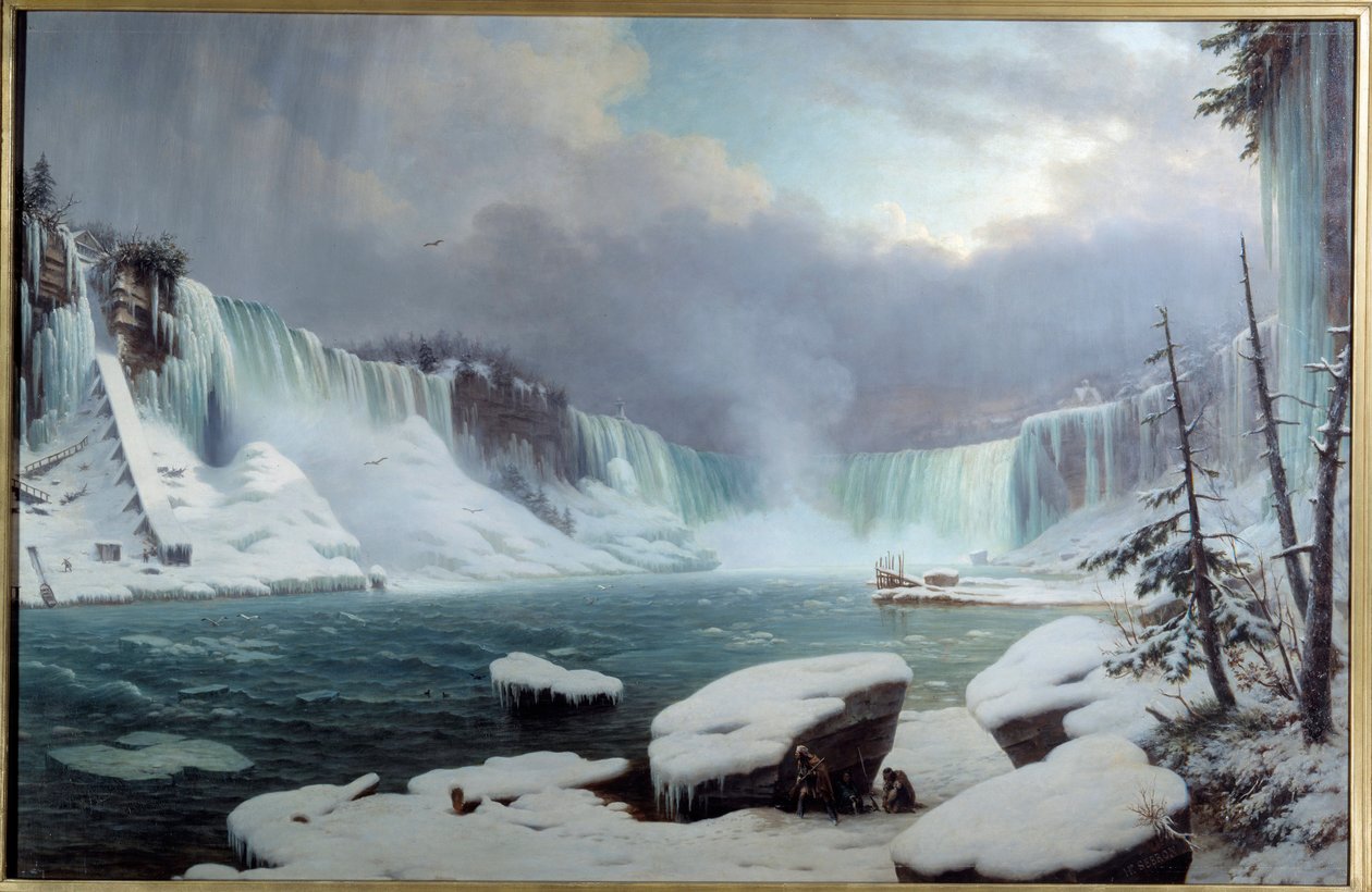 Wielka katarakta Niagara, efekt zimy. Widok na wodospad Niagara. Obraz Hippolyte Victor Valentin Sebron (1801-1879) autorstwa Hippolyte Victor Valentin Sebron