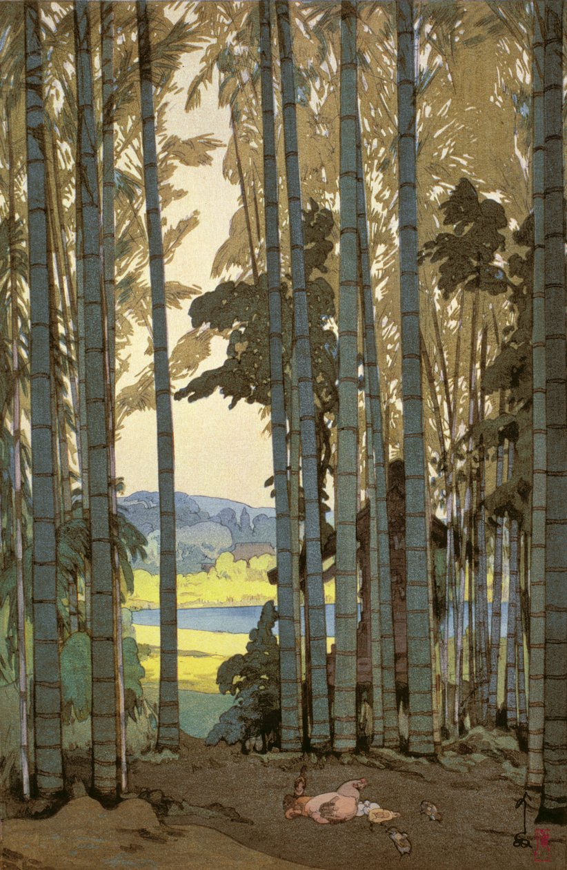 Kury w drewnie bambusowym (kolorowy drzeworyt) autorstwa Hiroshi Yoshida