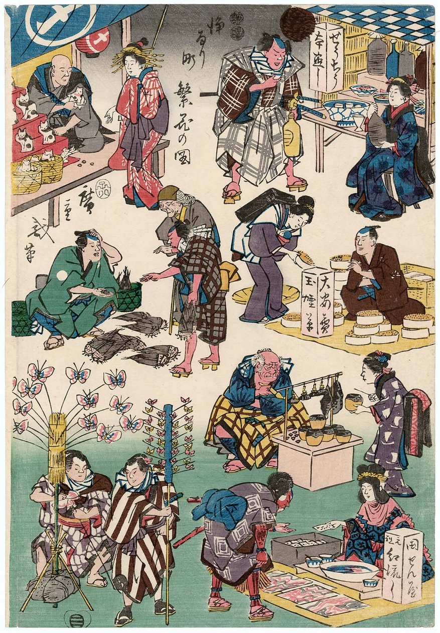 Postacie z Plays jako kupcy i klienci autorstwa Utagawa Hiroshige