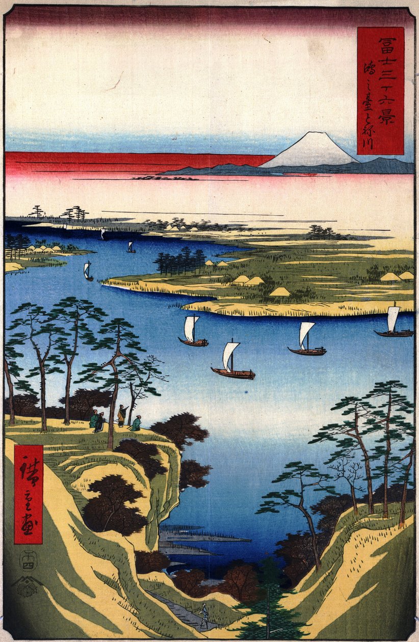36 widoków na górę Fuji - 11. Wzgórze Dzikiej Gęsi i Rzeka Tone autorstwa Utagawa Hiroshige