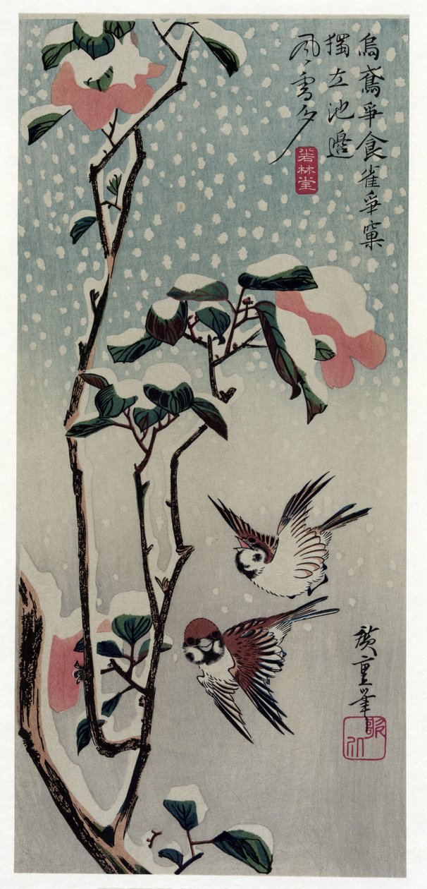 Secchu Tsubaki ni Suzume (Wróble i Kamelie w Śniegu) autorstwa Utagawa Hiroshige