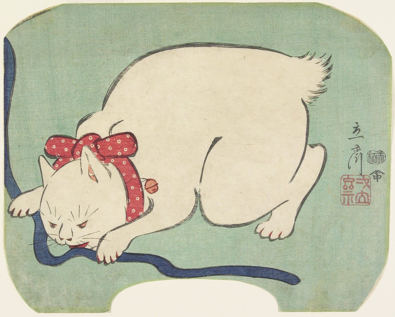 Biały kot bawiący się sznurkiem, 1863 autorstwa Hiroshige II