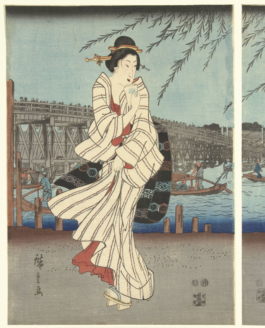 Znane miejsca we wschodniej stolicy: rozkoszowanie się wieczorną bryzą na moście Ryogoku autorstwa Hiroshige (I) , Utagawa