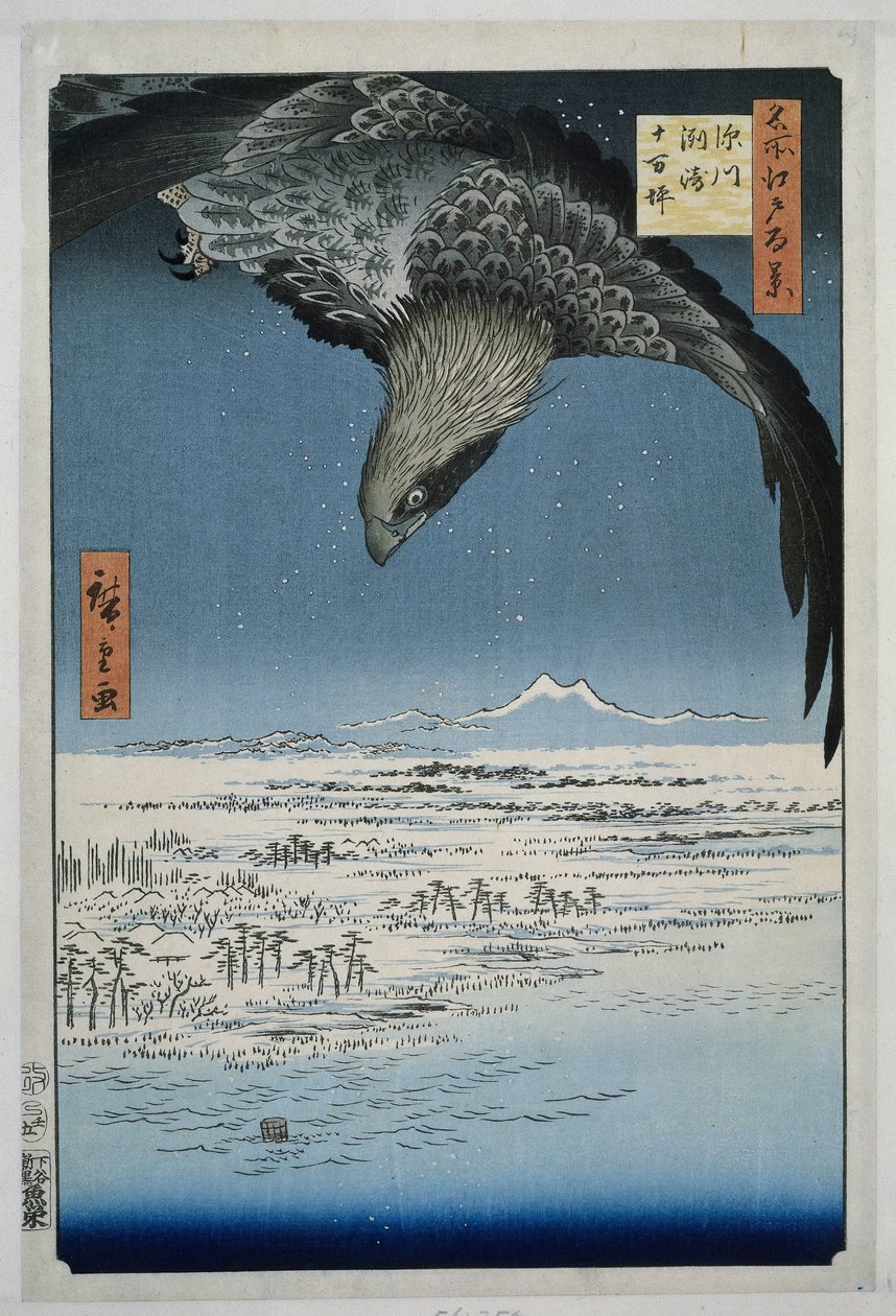 Równina Jumantsubo w Susaki niedaleko Fukagawa Fukagawa Susaki Jumantsubo (tytuł na obiekcie) Sto słynnych twarzy na Edo (tytuł serii) Meisho Edo hyakkei (tytuł serii na obiekcie) autorstwa Hiroshige (I) , Utagawa