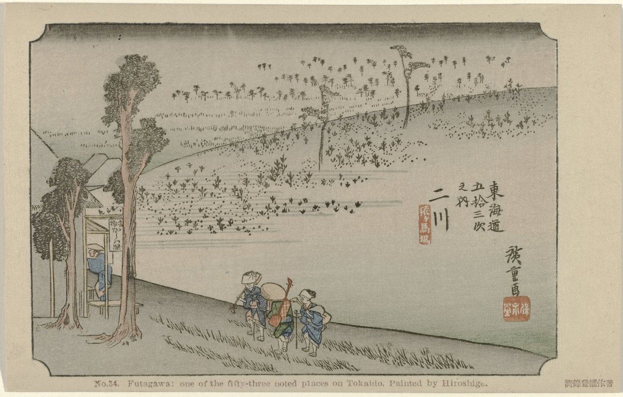 Futagawa Nr 34. Futagawa: jedno z 53 odnotowanych miejsc na Tokaido, namalowane przez Hiroshige (tytuł na obiekcie) De Tôkaido van Hiroshige (tytuł serii) Hiroshige no fude Tôkaidô (tytuł serii na obiekcie) autorstwa Hiroshige (I) , Utagawa