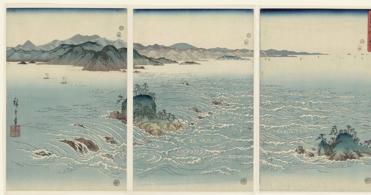 Widok na wiry wodne w Narucie w Awie woj. Awa Naruto no fukei (tytuł na obiekcie) Śnieg, księżyc i kwiaty (tytuł serii) Setsugekka (tytuł serii) autorstwa Hiroshige (I) , Utagawa