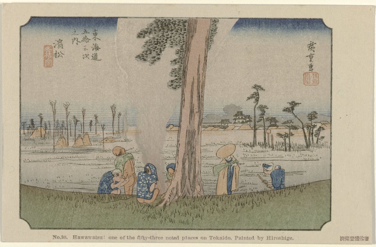 Hamamatsu Nr 30. Hawawatsu: jedno z pięćdziesięciu trzech znanych miejsc na Tokaido, namalowane przez Hiroshige De Tôkaido van Hiroshige (tytuł serii) Hiroshige no fude Tôkaidô (tytuł serii na obiekcie) autorstwa Hiroshige (I) , Utagawa