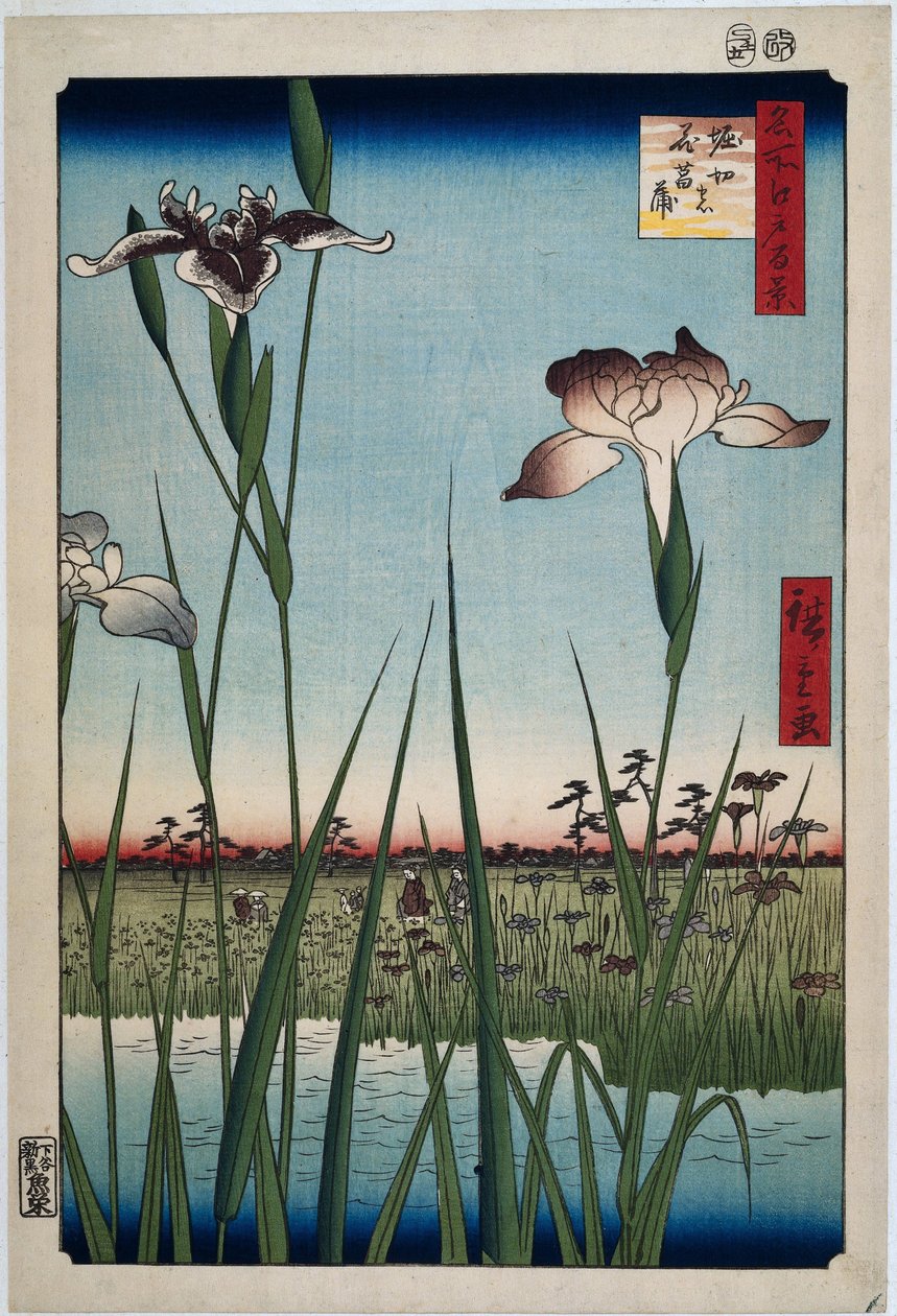 Irysy w Horikiric Horikiri no hanashobu (tytuł na obiekcie) Sto słynnych twarzy na Edo (tytuł serii) Meisho Edo hyakkei (tytuł serii na obiekcie) autorstwa Hiroshige (I) , Utagawa