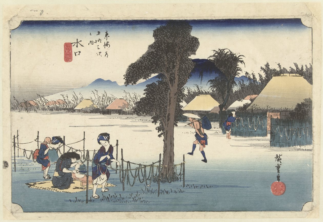 Minakuchi, het beroemde streetproduct kanpyo Minakuchi, meibutsu kanpyo De 53 stacje van de Tokaido (tytuł serii) Tokaido gojusan tsugi no uchi (tytuł serii na obiekcie) autorstwa Hiroshige (I) , Utagawa
