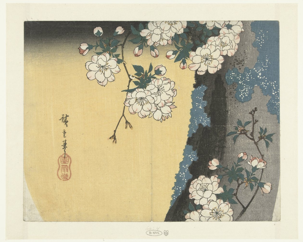 Omszały pień i kwiaty wiśni autorstwa Hiroshige (I) , Utagawa