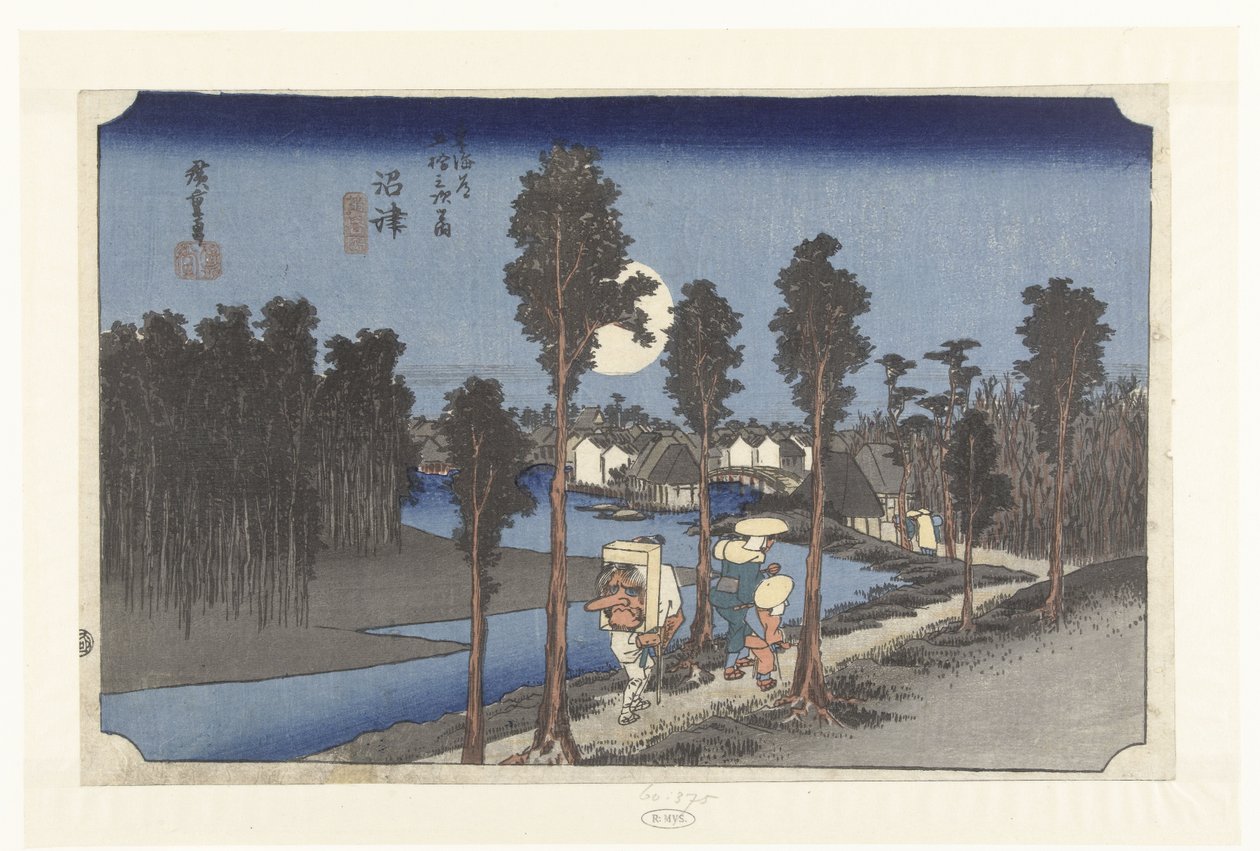 Numazu in de avondschemering Numazu tasogare no zu (tytuł na obiekcie) De 53 stacje van de Tokaido (tytuł serii) Tokaido gojusan tsugi no uchi (tytuł serii na obiekcie) autorstwa Hiroshige (I) , Utagawa