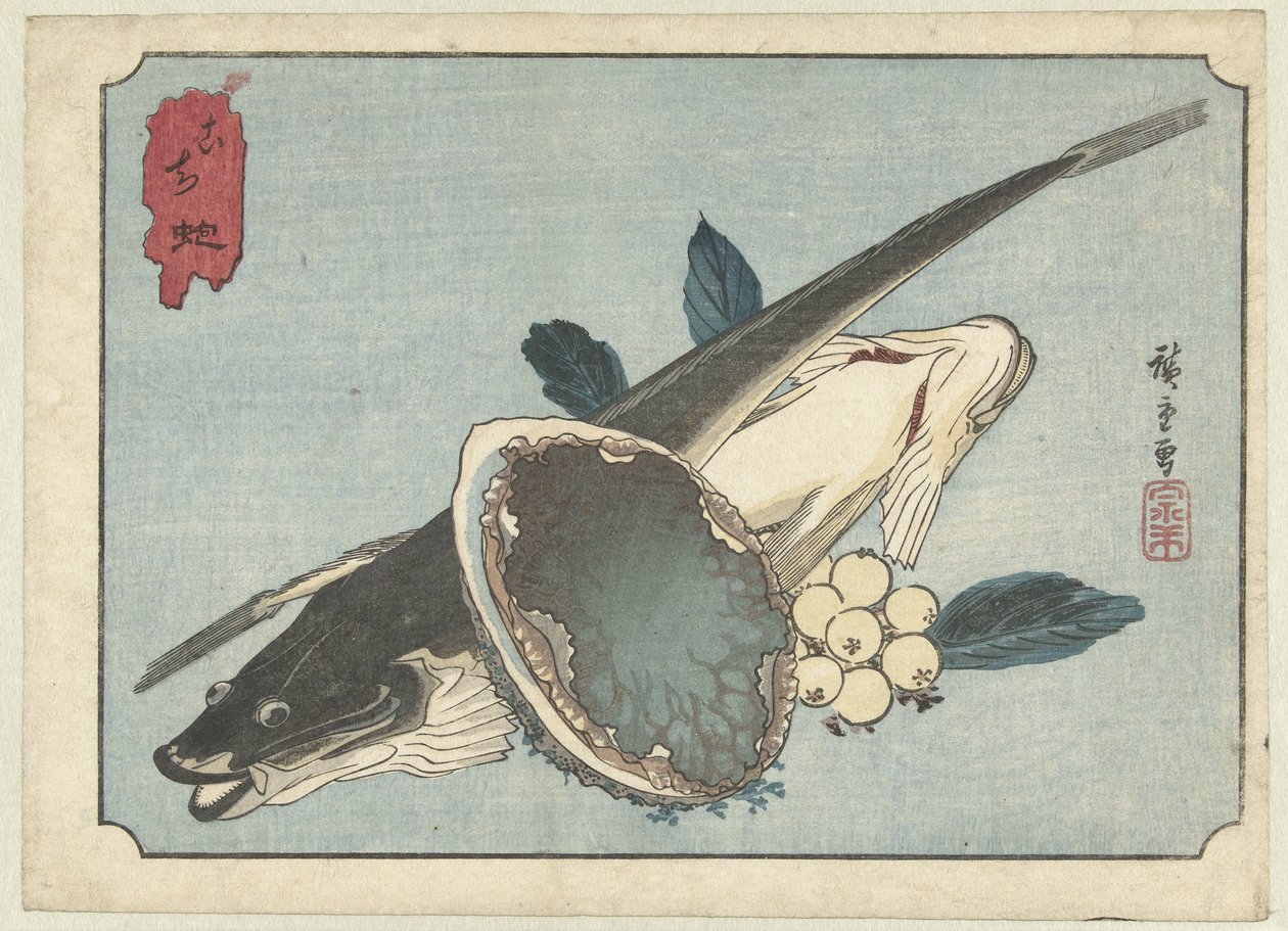 Płastugi, uchowiec i jagody Kochi awabi (tytuł na obiekcie) autorstwa Hiroshige (I) , Utagawa
