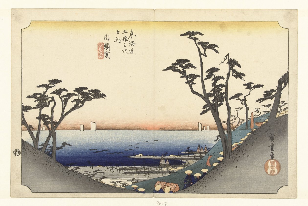 Shirasuka, bergafwaarts Shirasuka, shiomisaka no zu (tytuł na obiekcie) De 53 stacje van de Tokaido (tytuł serii) Tokaido gojusan tsugi no uchi (tytuł serii na obiekcie) autorstwa Hiroshige (I) , Utagawa