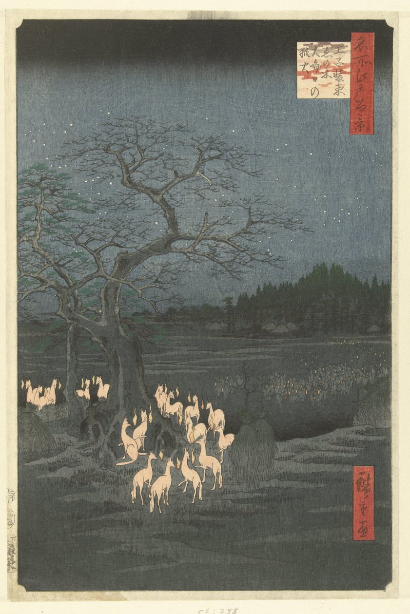 Pożary w sylwestra w Shozoku Nettle Tree w Oji Oji Shozoku enoki omisoka no kitsunebi (tytuł na obiekcie) Sto słynnych twarzy na Edo (tytuł serii) Meisho Edo hyakkei (tytuł serii na obiekcie) autorstwa Hiroshige (I) , Utagawa