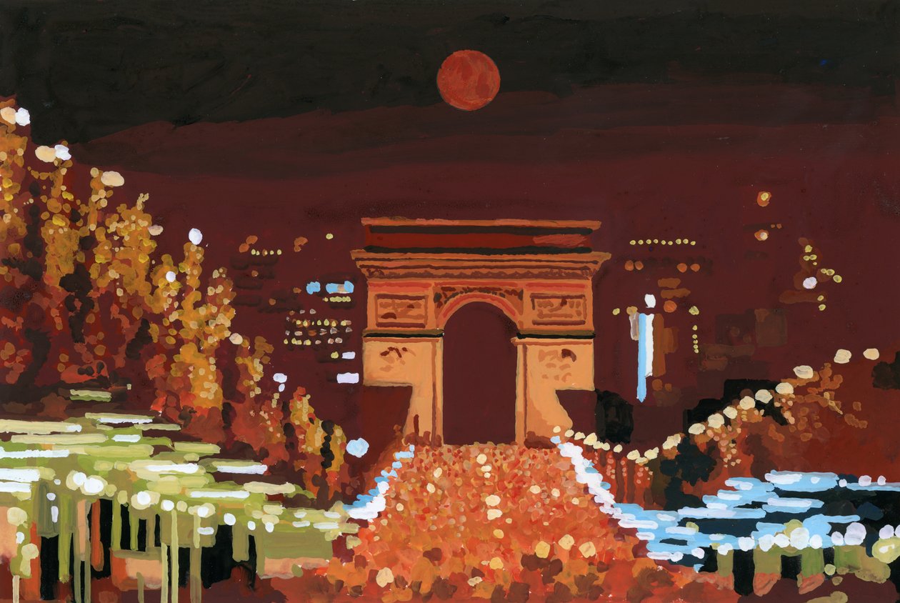Łuk Triumfalny i Pola Elizejskie nocą, 2015 (gwasz na papierze) autorstwa Hiroyuki Izutsu