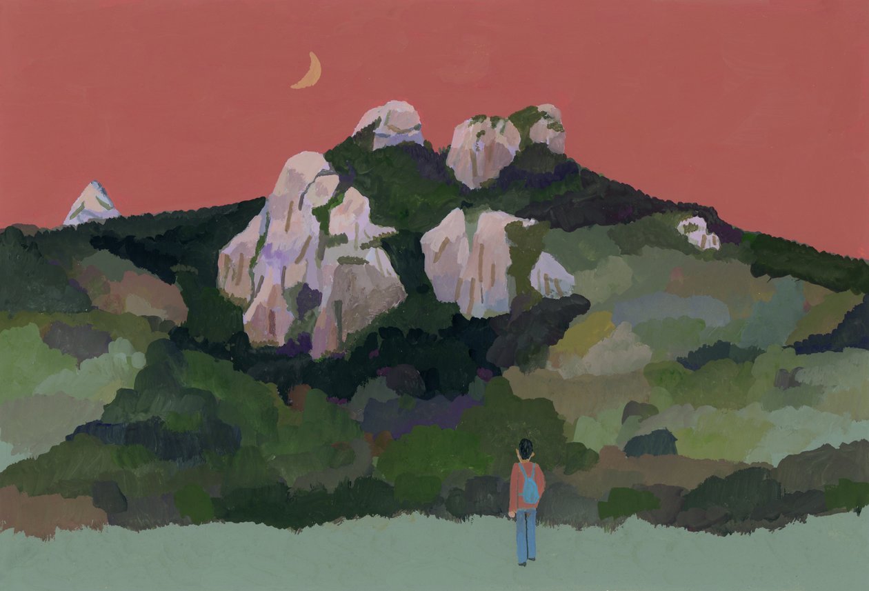 Mężczyzna z plecakiem podróżujący po górach, 2015 (gwasz na papierze) autorstwa Hiroyuki Izutsu