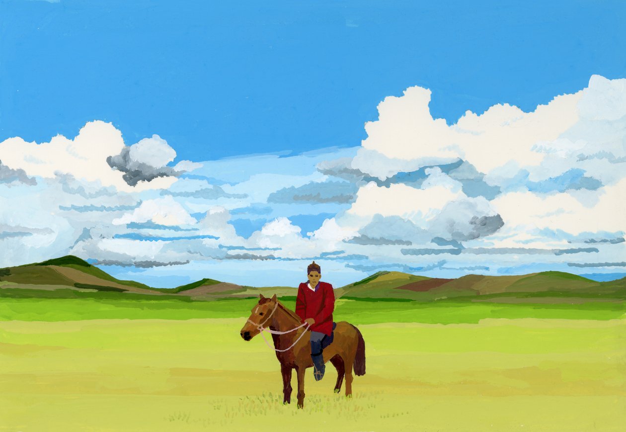 Mongolskie stepy i ludzie jeżdżący konno, 2015 (Gwasz na papierze) autorstwa Hiroyuki Izutsu