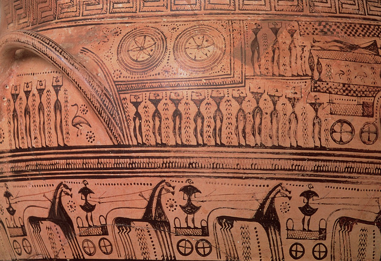 Krater geometryczny na poddaszu, z Dipylon, 750-735 pne (ceramika) (detal autorstwa Hirschfeld painter