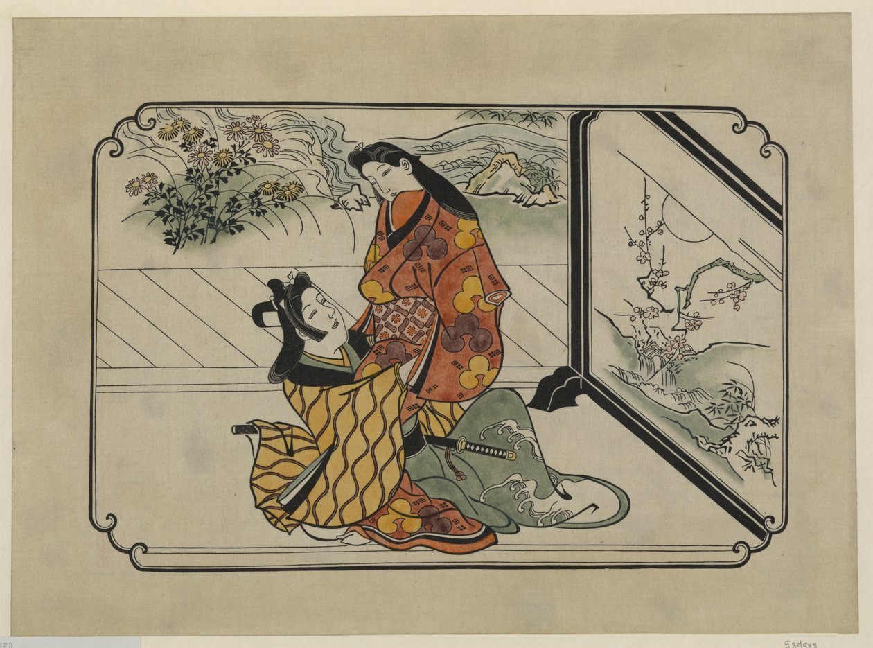 Ręcznie kolorowany nadruk ukiyo-e Dwoje kochanków przytulających się przed namalowanym ekranem autorstwa Hishikawa Moronobu