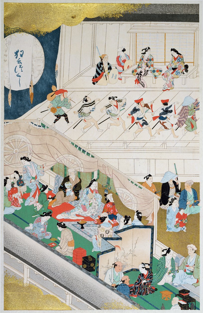 Scena japońskiego teatru popularnego w okresie Genroku (1688-1704), ilustracja z magazynu „Kokka”, sierpień 1908 autorstwa Hishikawa Moronobu