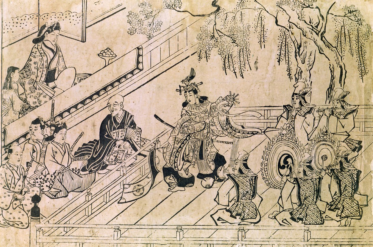 Scena świętego tańca (drewnodruk) autorstwa Hishikawa Moronobu