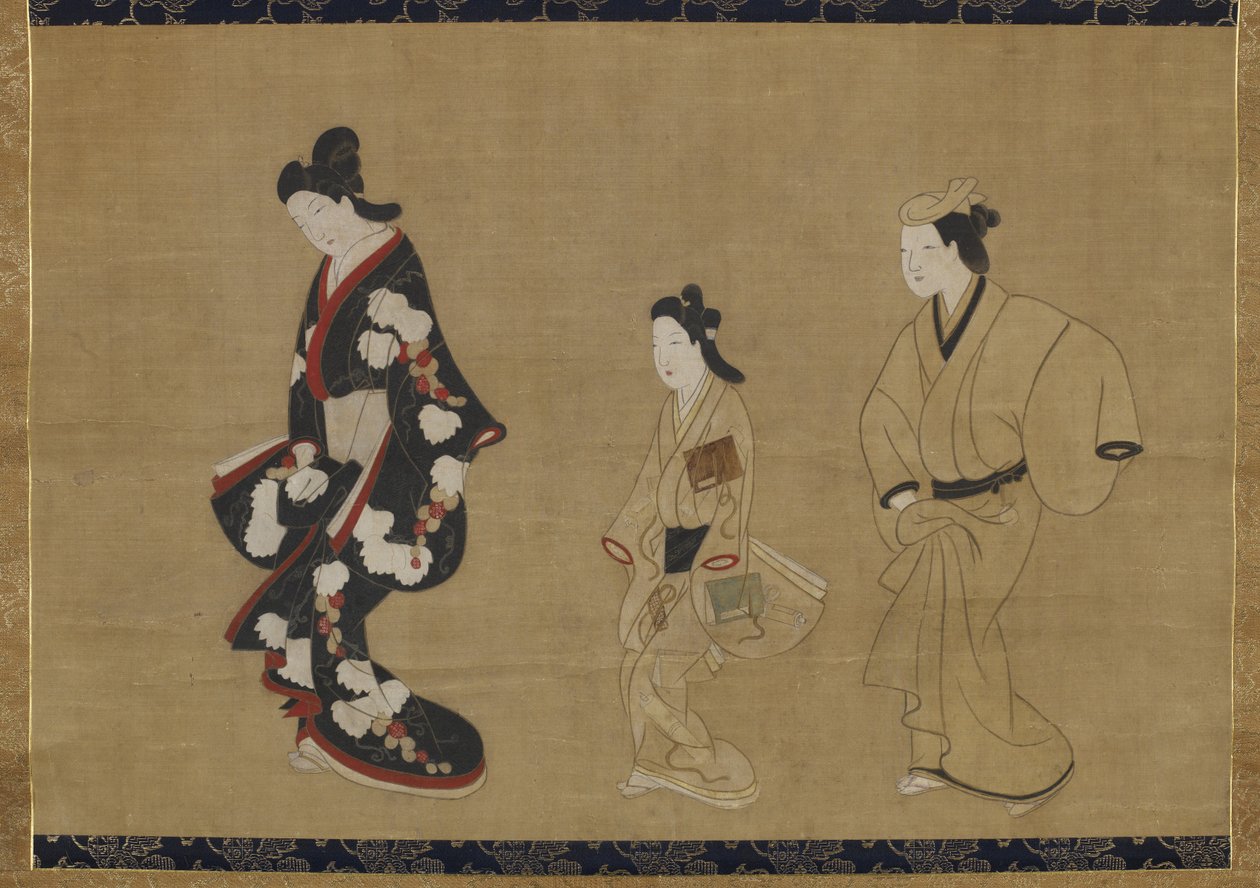 Prostytutka, Kamuro i Wakashu, ok. 1695 (tusz i kolor na jedwabiu) autorstwa Moronobu Hishikawa