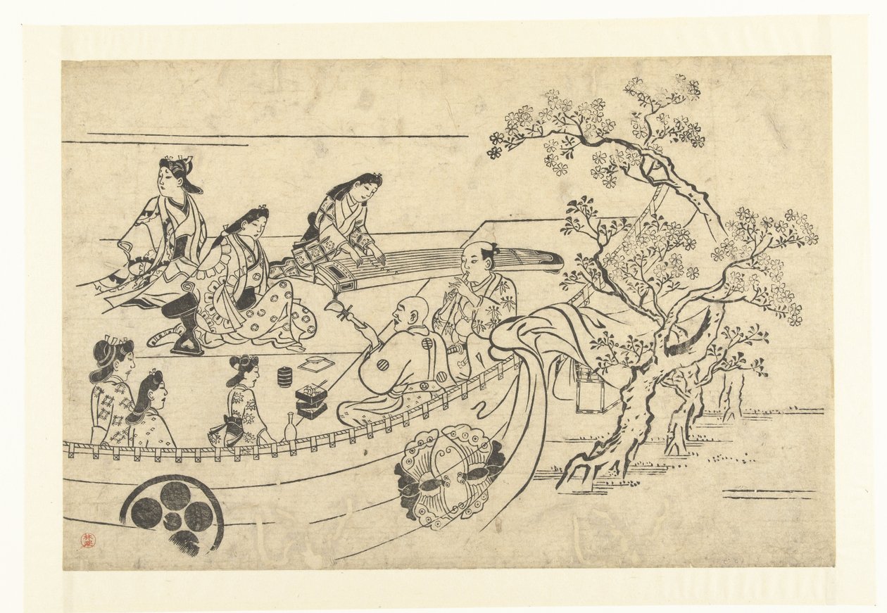 Firma muzyczna pod wiśnią Oglądanie Kwiatów Wiśni w Ueno (tytuł serii) Ueno hanami no tei (tytuł serii) autorstwa Hishikawa Moronobu (attributed to)