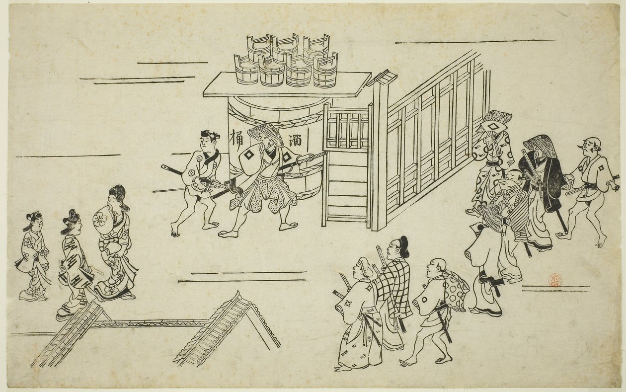 Entranse do Ageyacho, z tee Series „Tee Apperanse Of Yoshiwara (Yoshiwara no Tei)”, ok. 1681-84 (druk Odbocka; Sumizurie, Oban) autorstwa Hishikawa Moronobu
