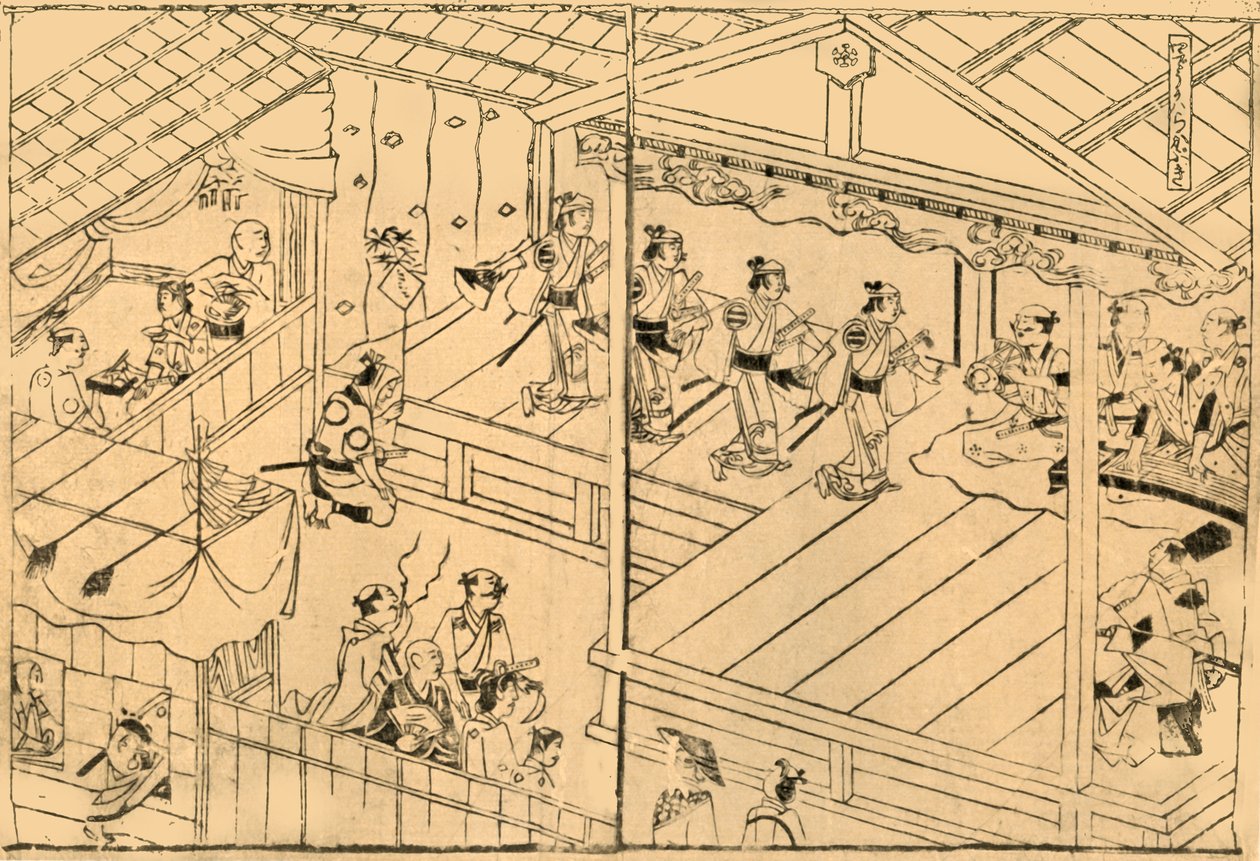 Przedstawienie Kabuki w korycie rzeki Shijo, 1658, 1924. autorstwa Hishikawa Moronobu