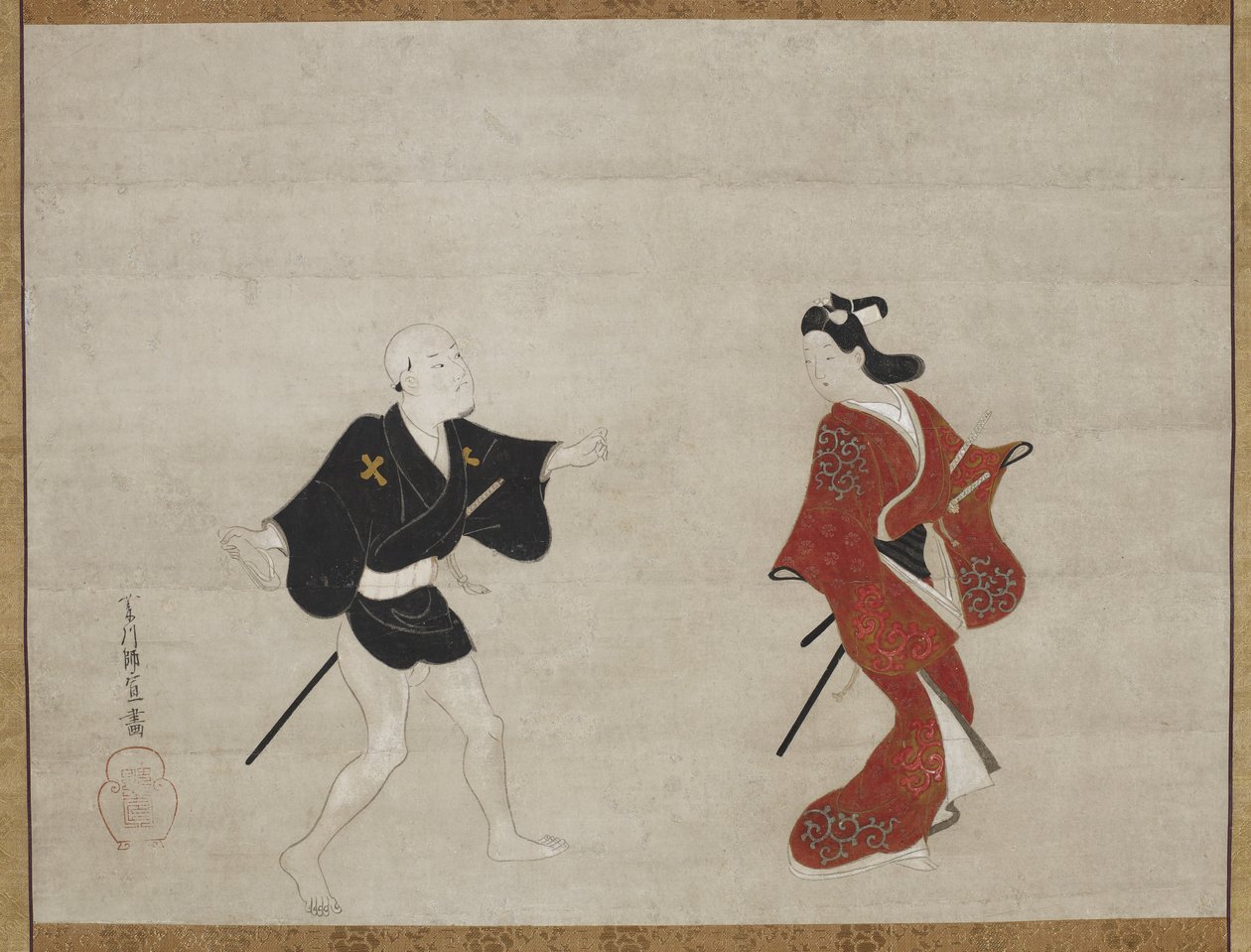 Nikuhitsu ukiyo-e: Młody samuraj i sługa jako Mitat Huanshigong i Zhang Lian, ok. 1930 1690 autorstwa Hishikawa Moronobu