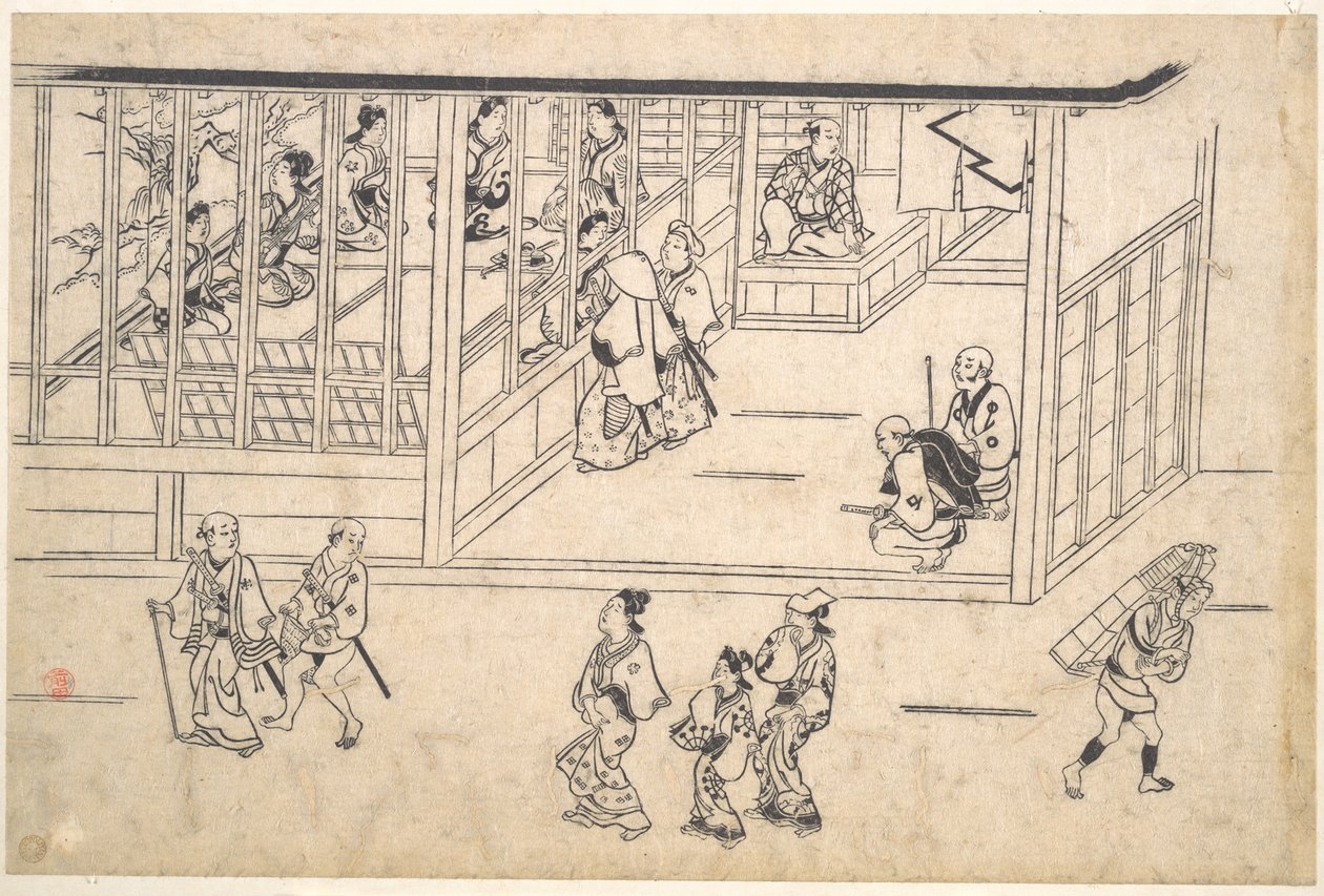 Scena uliczna w Yoshiwarze autorstwa Hishikawa Moronobu