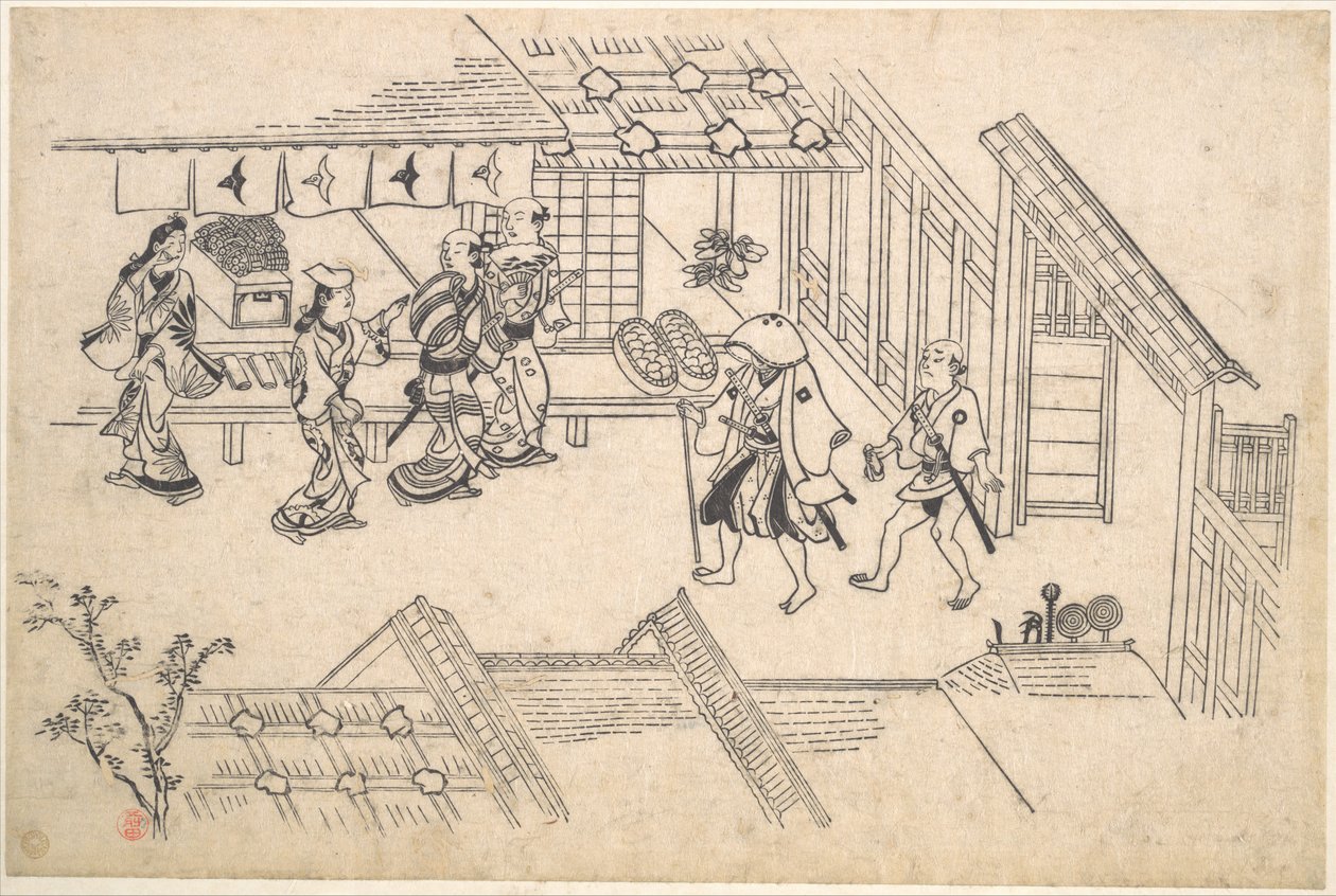 Wejście do Ageya-machi, z serii „Sceny w Yoshiwarze (Yoshiwara no tei)” autorstwa Hishikawa Moronobu