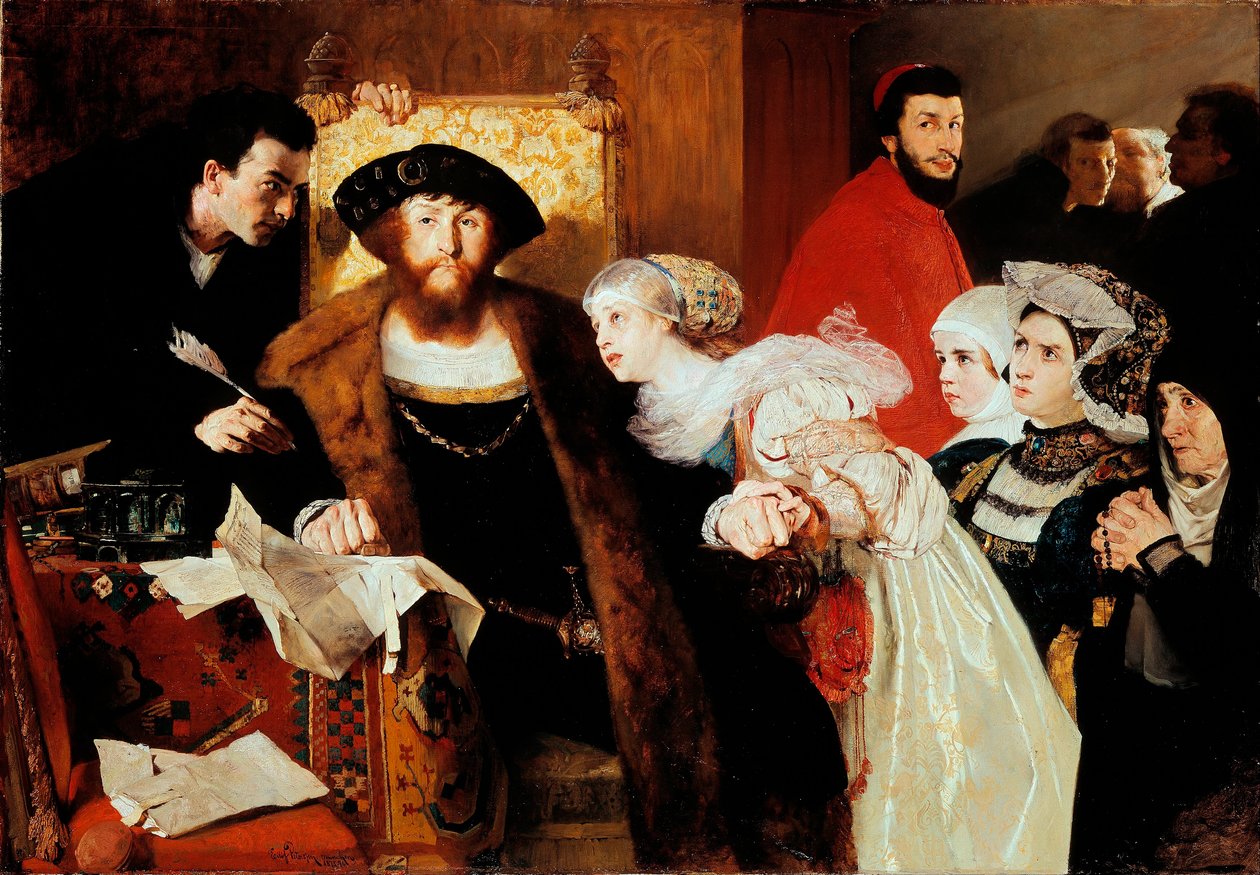 "Christian II podpisujący nakaz śmierci Torben Oxe w 1517" (Christian II podpisujący nakaz śmierci Torben Oxe) Obraz Eilifa Peterssena (1852-1928) - 1876 - Olej na płótnie - Rozmiar 141,5x200 cm National Museum of A autorstwa Hjalmer Eilif Emanuel Peterssen