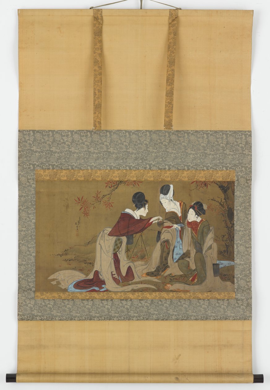 Trzy shirabyoshi pijące sake rozgrzane nad ogniem jesiennych liści, okres Edo, 1800-1850. autorstwa Hokuga