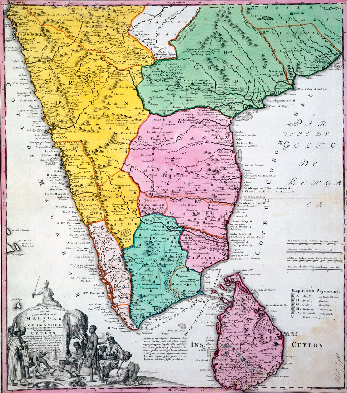Mapa Półwyspu Indyjskiego, 1733 (rycina ręcznie kolorowana) autorstwa Homann Heirs Company