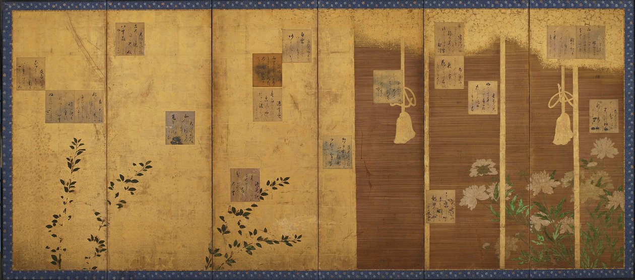 Parawany składane z wierszami z antologii, Shin kokinshu, okres Edo, c1624-1637. autorstwa Hon