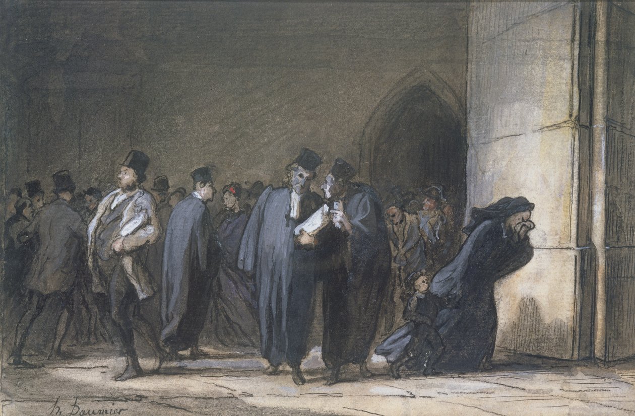 W Pałacu Sprawiedliwości, ok. 1862-65 (pióro i atrament, gwasz i toaleta na papierze) autorstwa Honoré Daumier