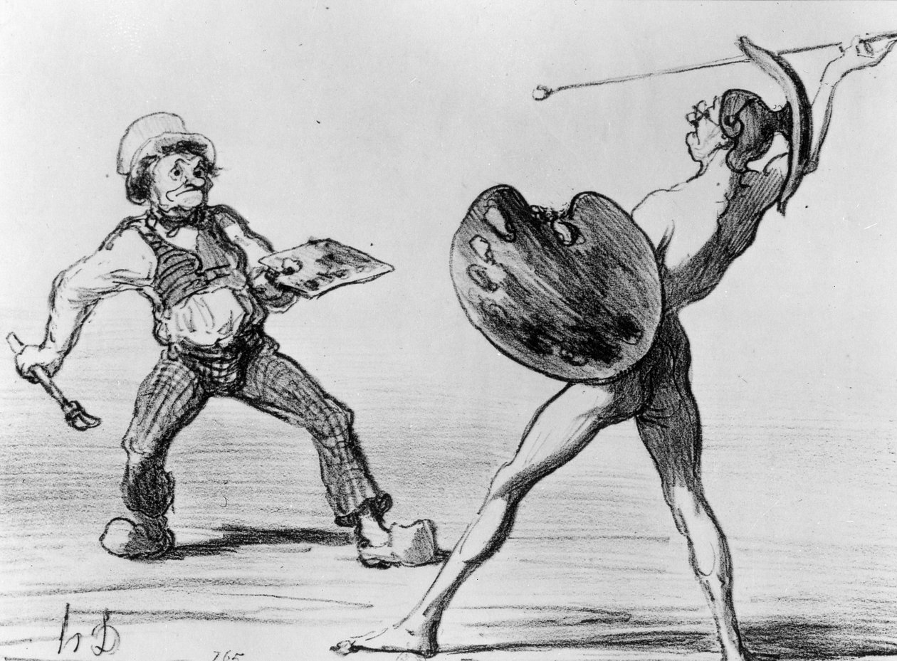 „Bitwa szkół – idealizm i realizm”, ilustracja z serii „Fantazje”, opublikowana w „Charivari”, 24 kwietnia 1855 autorstwa Honoré Daumier