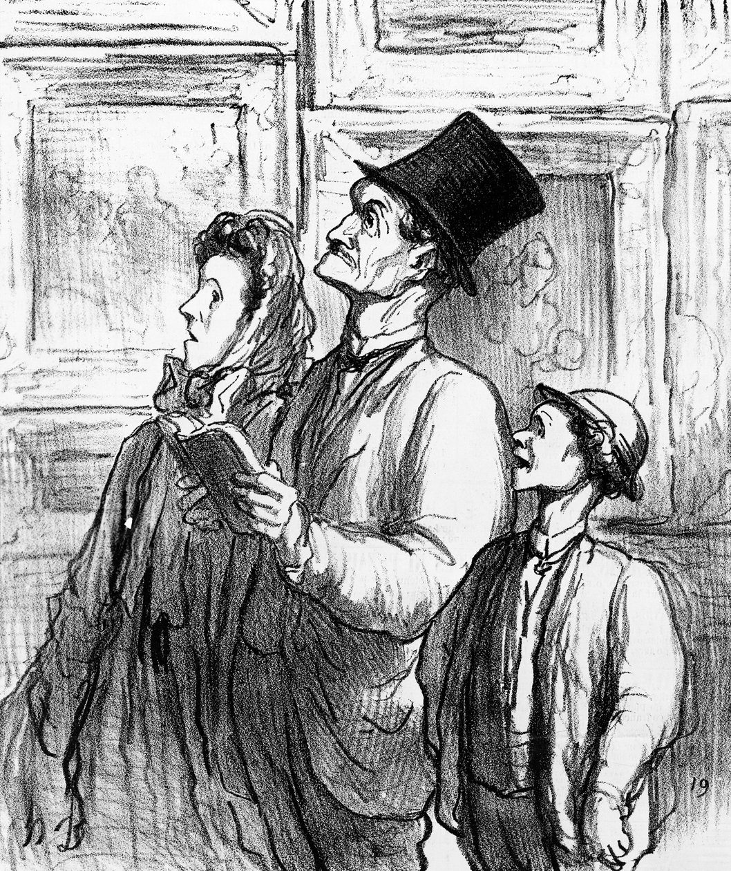 Rodzina odwiedzająca paryski salon w 1863 roku i komentująca obraz Maneta "Olimpia", karykatura z czasopisma "Charivari", 19 czerwca 1865 roku autorstwa Honoré Daumier