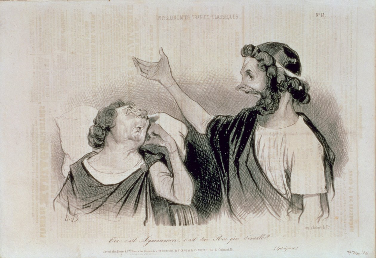 Fizjonomia postaci z tragedii klasycznej; Tak, to Agamemnon, twój król, który cię budzi! z magazynu "Charivari", wydawanego przez Aubert und Co., ok. 1832-60 autorstwa Honoré Daumier