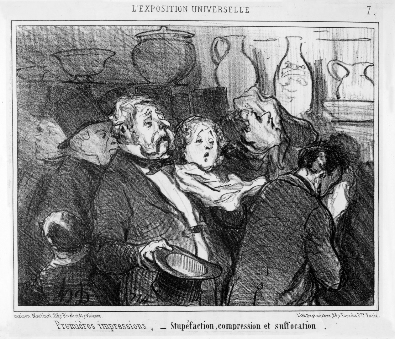 „Zdumienie, ucisk i uduszenie, pierwsze wrażenia na wystawie światowej w Paryżu”, karykatura z serii „Exposition Universelle”, opublikowana w „Le Charivari”, 24 maja 1855 autorstwa Honoré Daumier