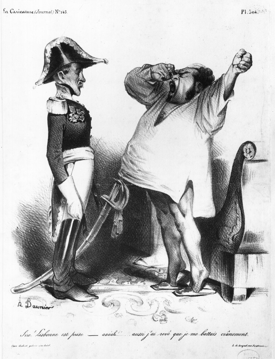 Hrabia Villaflor mówi Pedro I (1798-1834) cesarzowi Brazylii i królowi Portugalii, że odzyskał Lizbonę, z „La Caricature”, N 145, 1833 autorstwa Honoré Daumier