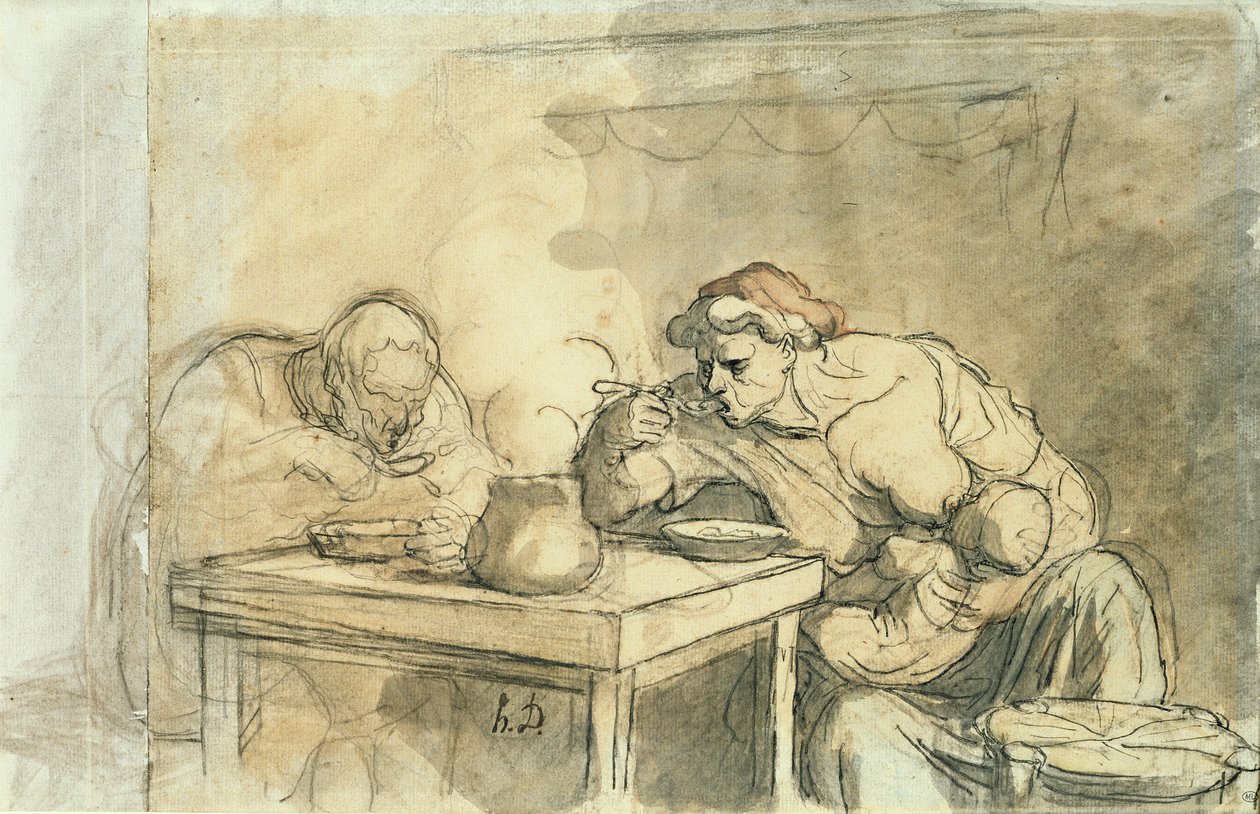 Zupa, ok. 1862-65 (pióro i atrament, toaleta i ołówek na papierze) autorstwa Honoré Daumier