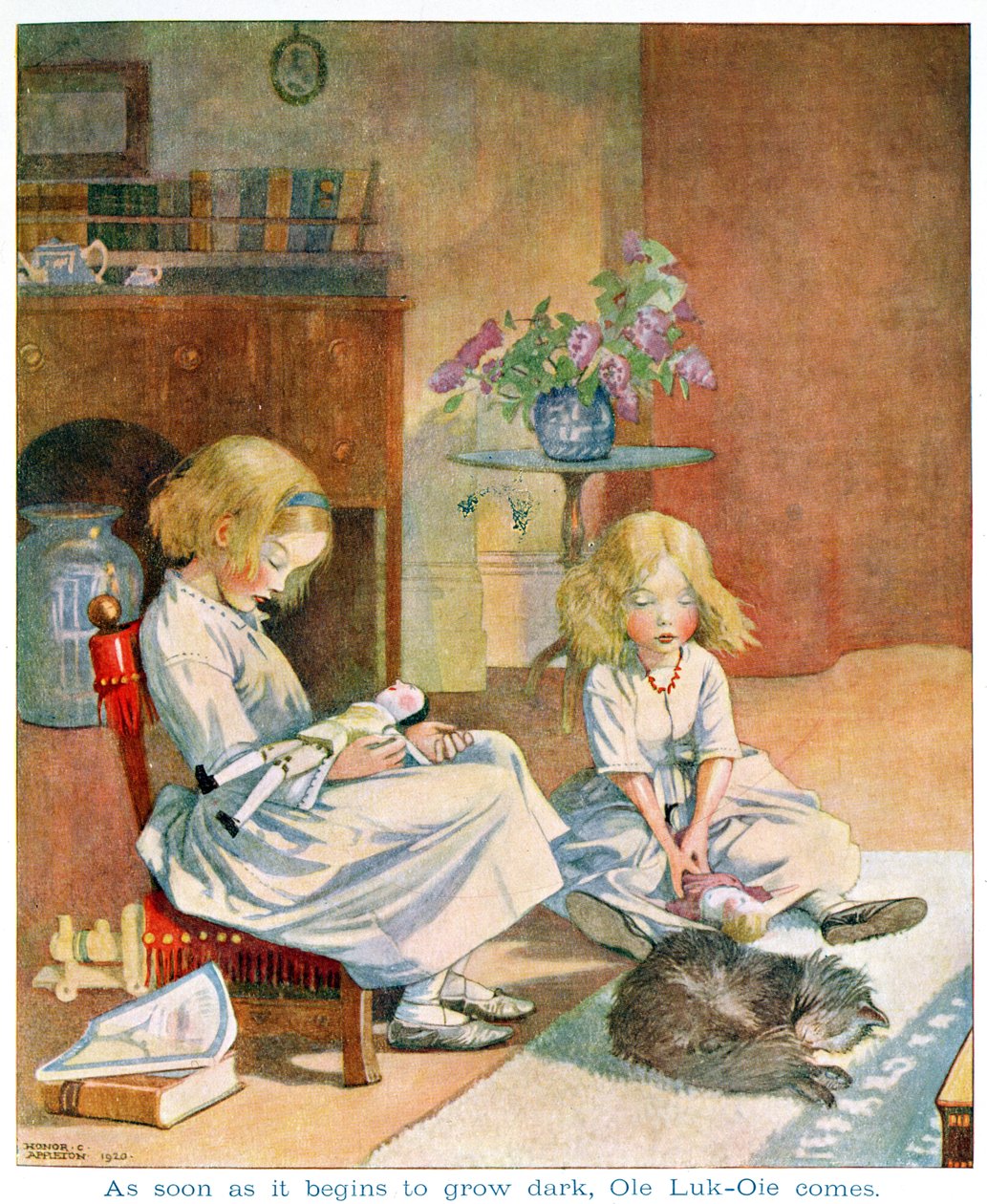 Jak tylko zaczyna się ściemniać, z „Ole Luk-Oie” w wydaniu „Bajek” Hansa Christiana Andersena (1805-75) 1920 (akwarela na papierze) autorstwa Honor Charlotte Appleton