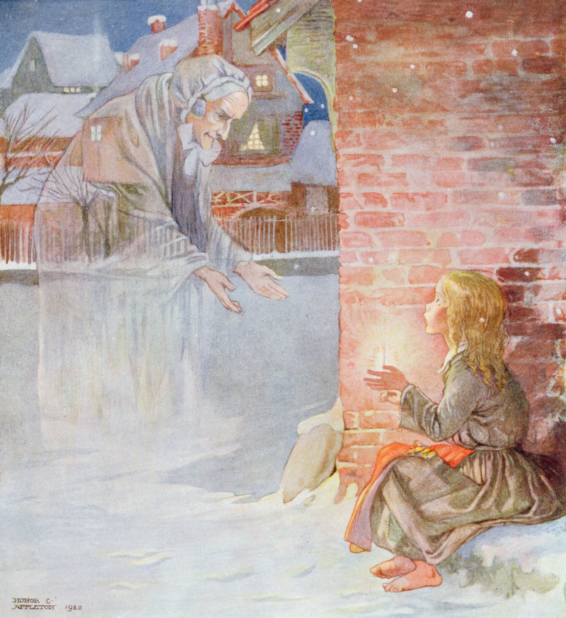 Babciu, Och zabierz mnie ze sobą, z „Dziewczynki z zapałkami” w wydaniu „Bajki” Hansa Christiana Andersena (1805-75) 1920 (akwarela na papierze) autorstwa Honor Charlotte Appleton